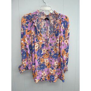 Rachel Zoe Women Purple Tie Long Sleeve Floral Blouse Size Medium